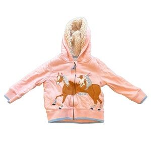 Mini Boden Girls Pink Hoodie, 2-3T, Sherpa Fleece with Horse and Mouse Appliqué